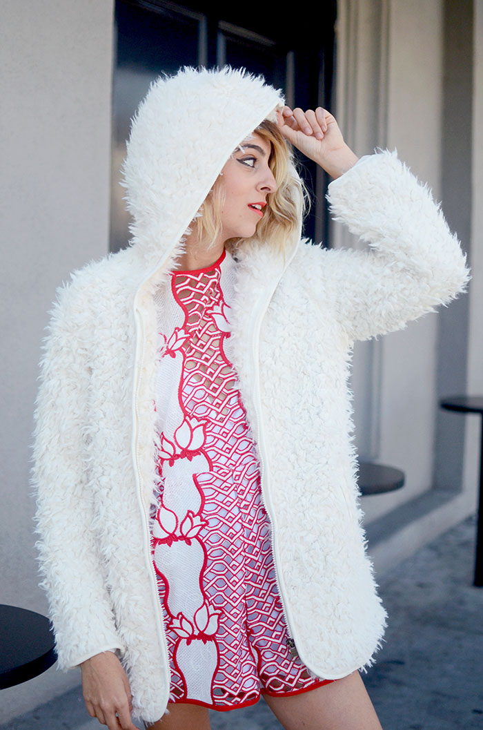 white fur jacket