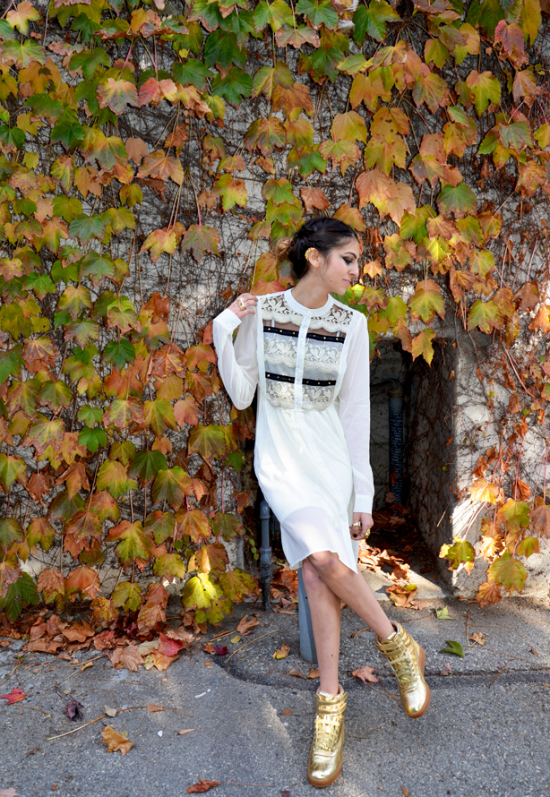 White Dress and Gold Sneakers