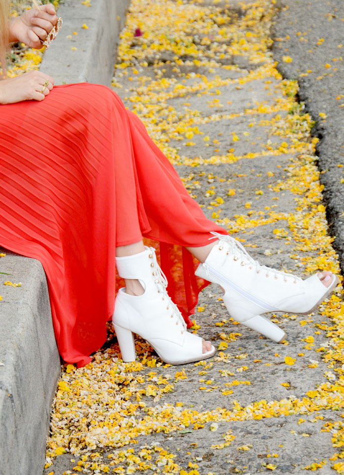 red pleated skirt