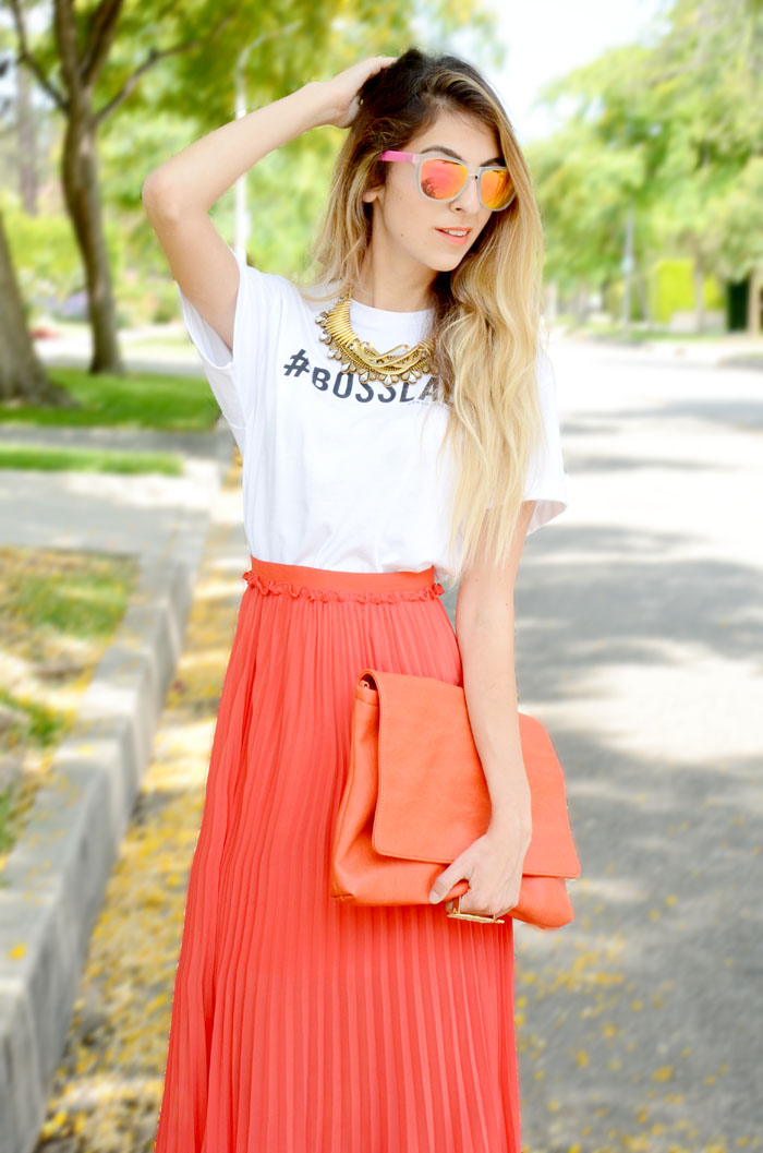 red pleated skirt