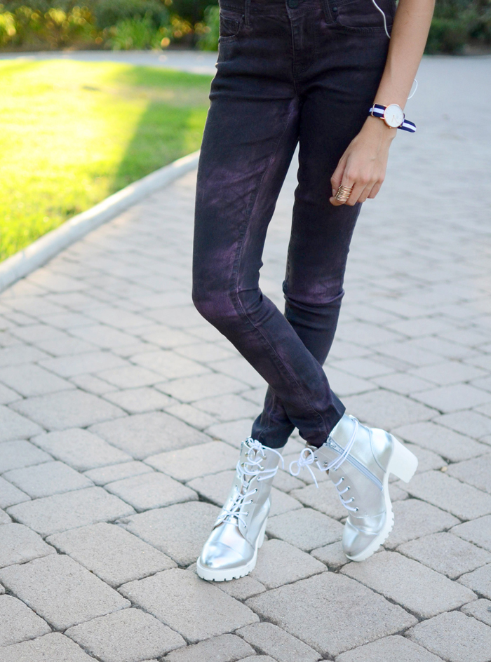 purple jeans metallic shoes